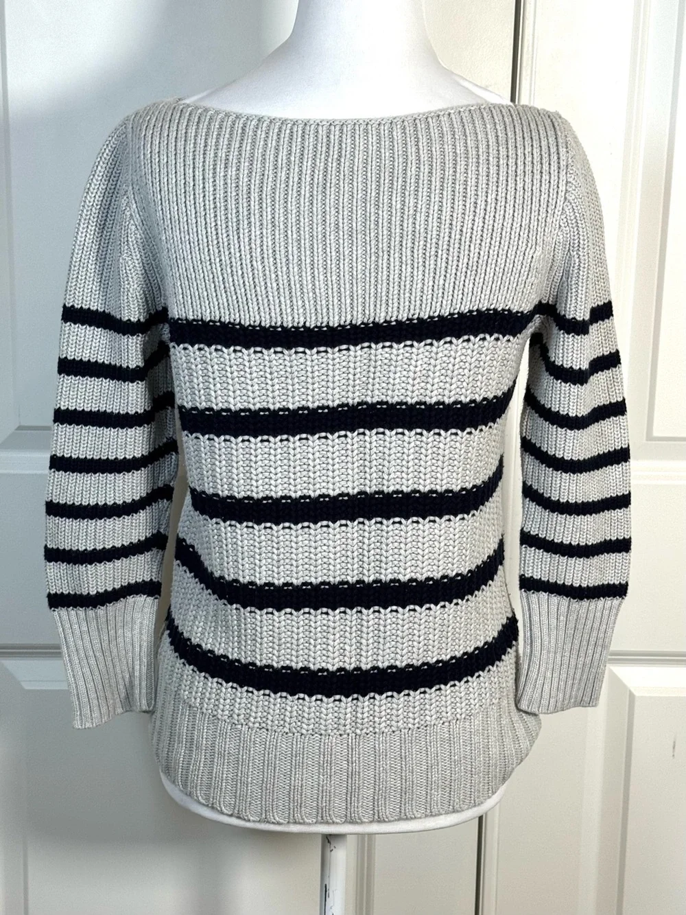J.Crew Boatneck Sweater XS Light Gray Navy Stripe Cotton Chunky Knit Coastal